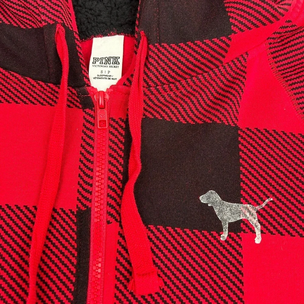 Victoria Secret PINK Red Buffalo Plaid Hooded Sherpa Long Jane One-Piece PJ - SM - Picture 3 of 15